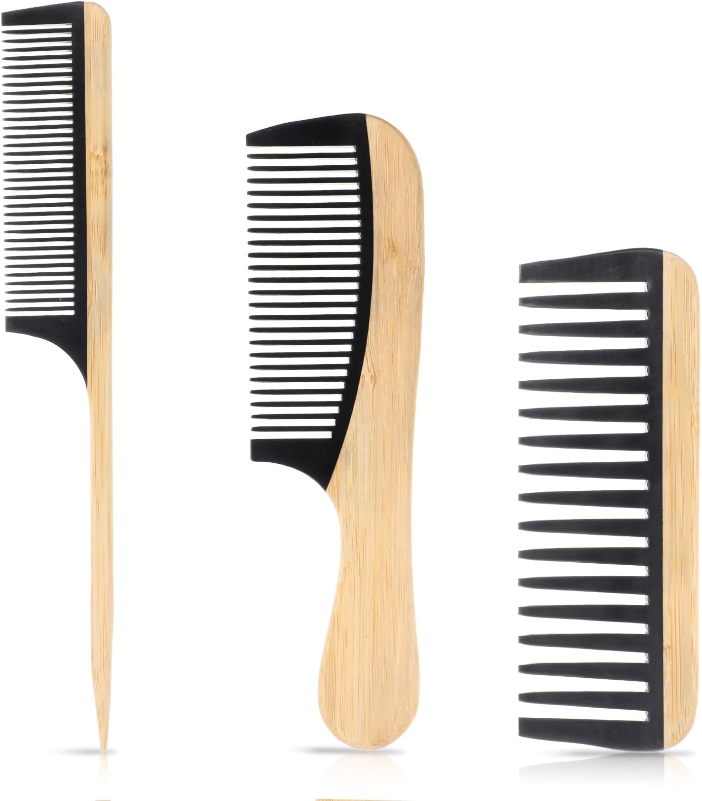 3 PCS Natural Handmade Bamboo Anti-Static Combs Set, Bamboo Wide Tooth Comb Set Wide Tooth & Fine Tooth & Rat Tail Wooden Combs for Women Men for All Hairstyles & Beard