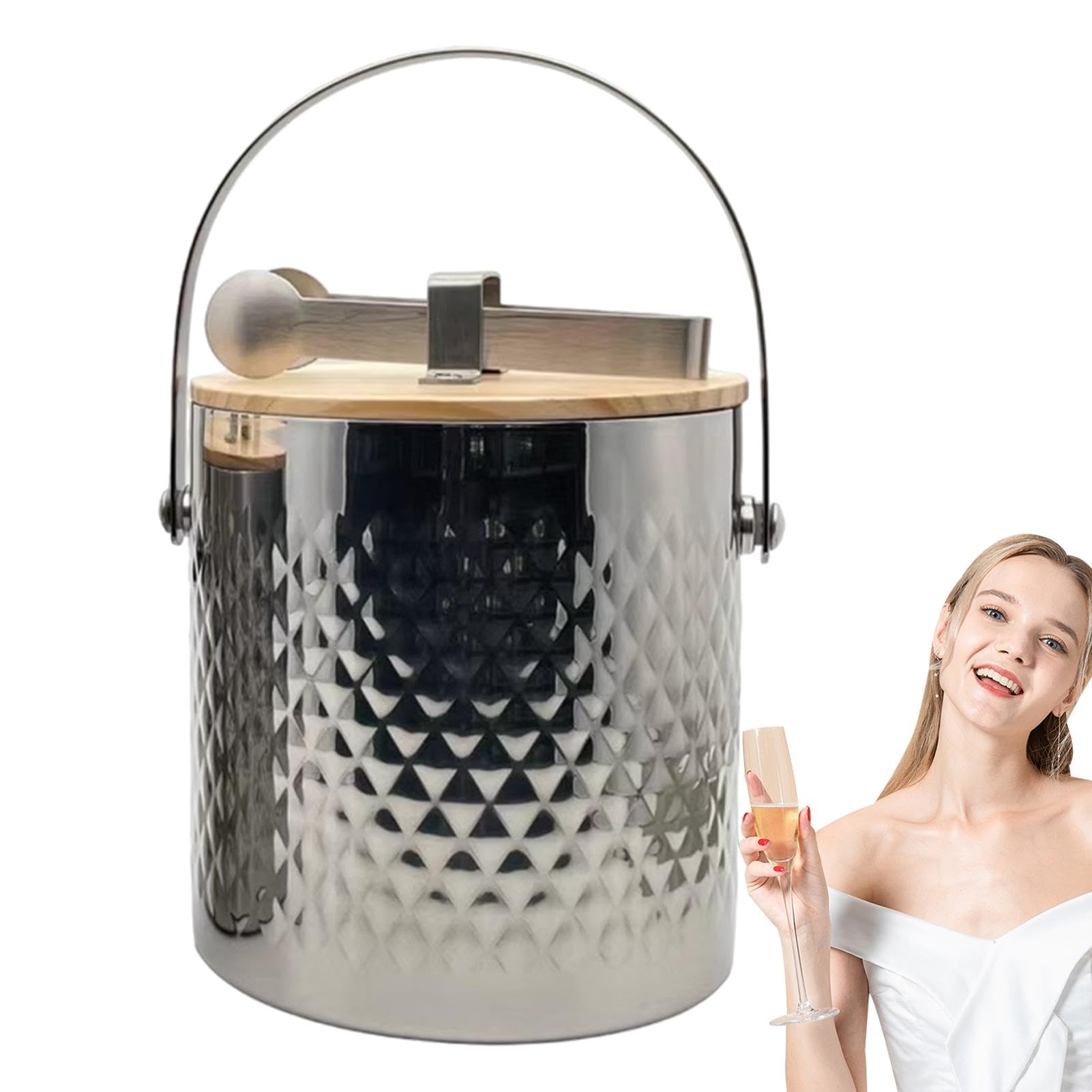 Seau a Glacon Isotherme avec Pinces Poignée Couvercle 1.4/2/3L Double Paroi en Acier Inoxydable, Seaux et Pinces à Glaçons, Rafraîchisseur Champagne