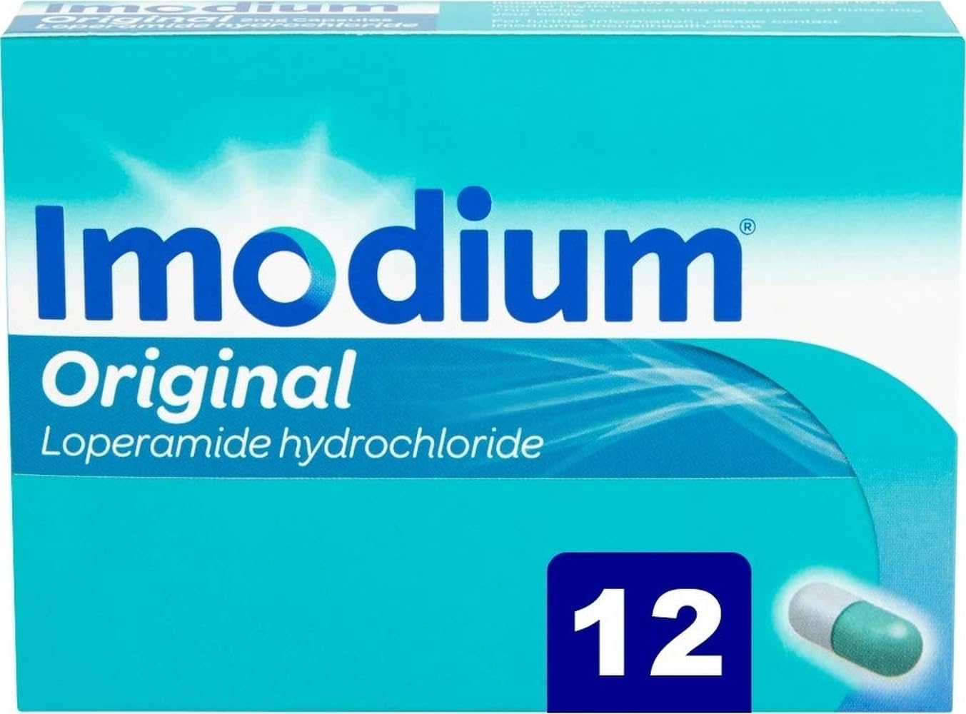 Imodium Original (1 x 12 Capsules) Loperamide Capsules for Effective Diarrhoea Relief in 1 Hour, Short-Term and IBS Diarrhoea, Helps Restore Your Natural Rhythm, for Adults and Children 12 Years+