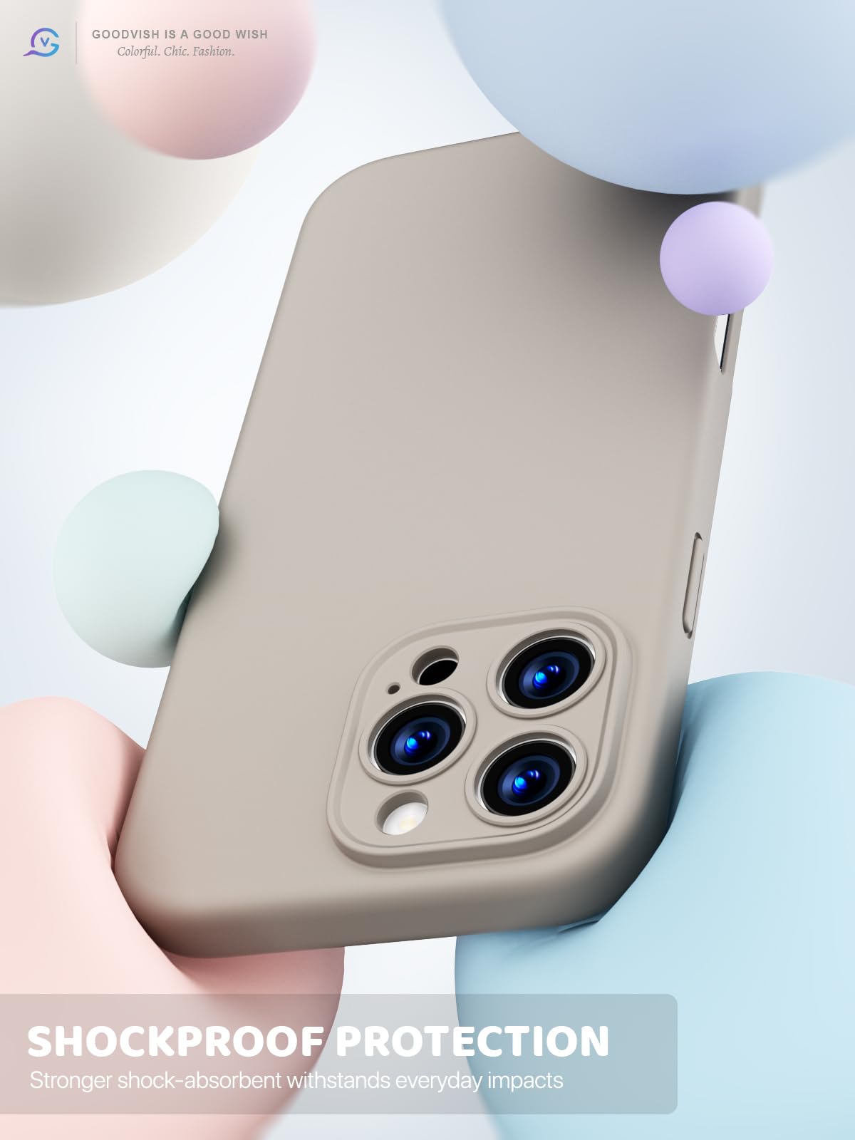 GOODVISH 3 in 1 Silicone Cover per iPhone 16 Pro Max 6.9", Custodia con 2 Pellicola Vetro Temperato [Protezione Fotocamera] 360° Protezione Anticaduta Case per Cellulare Antiurto Resistente, Grigio