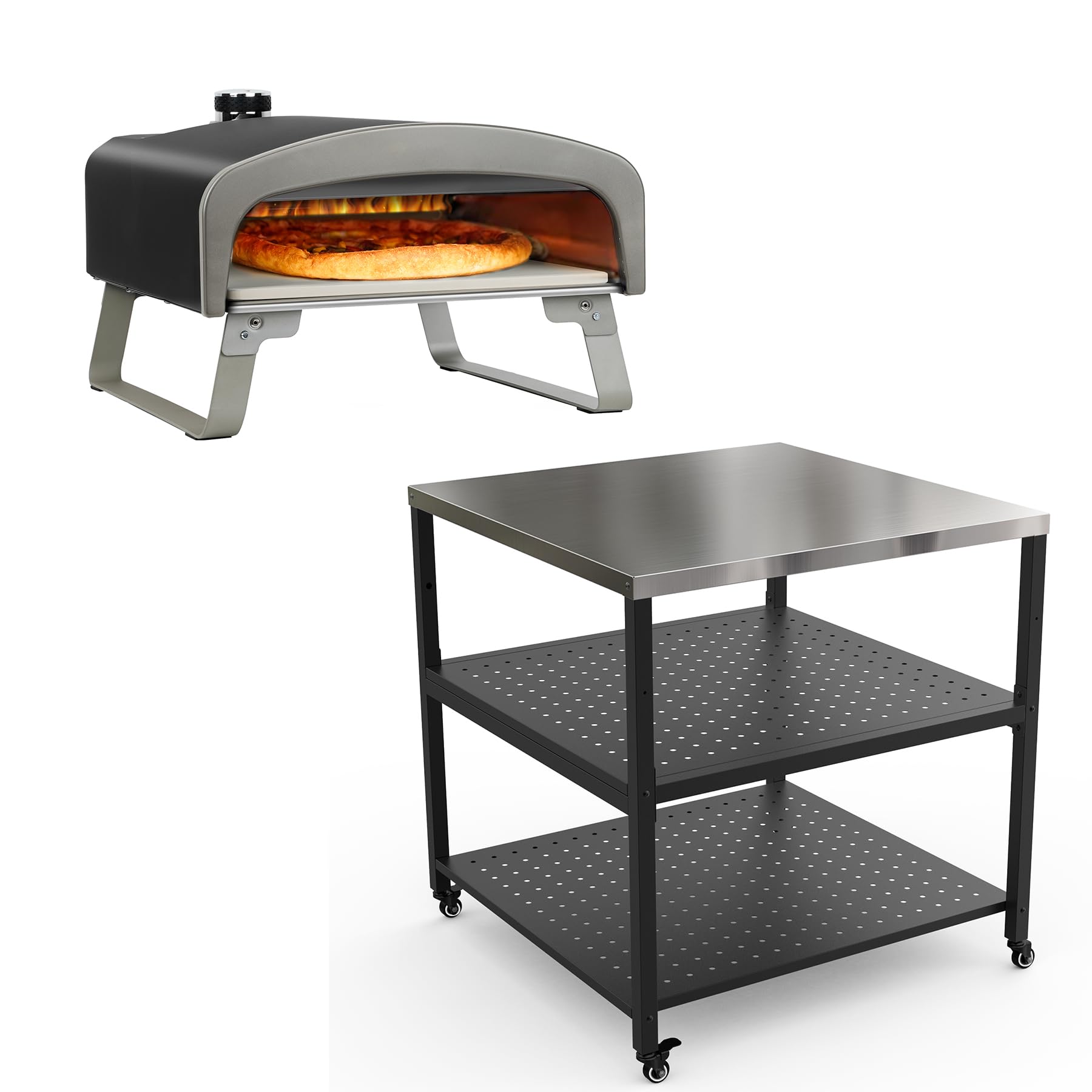 Pizza Oven and Kitchen Cart Bundle, Pizza Oven with Foldable Legs, Heavy Duty 31" Large Modular 3-Tier Grill Cart with Wheels
