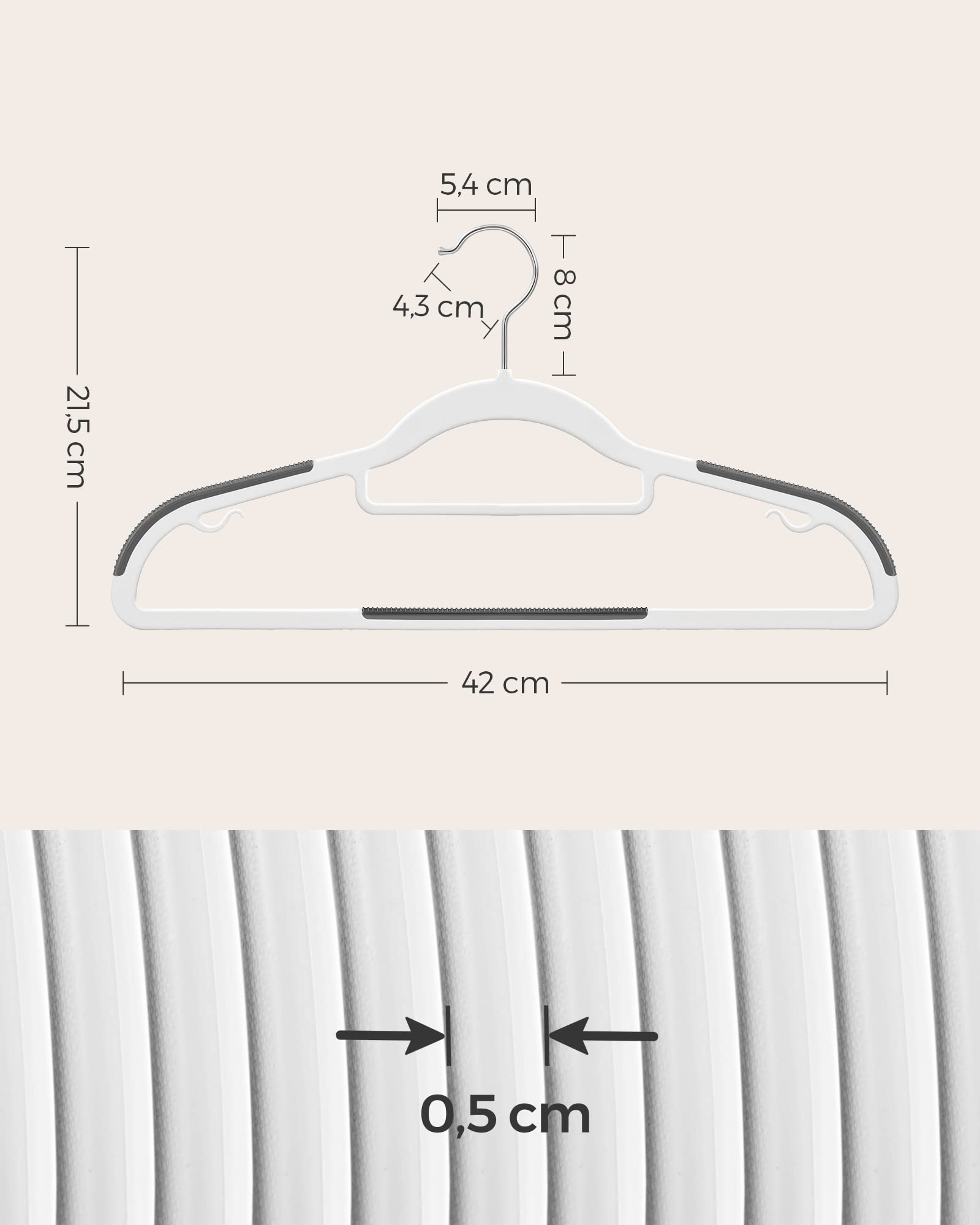 SONGMICS Zestaw 50 Wieszaków, Trwałe plastikowe wieszaki z antypoślizgową konstrukcją, wiszaki o grubości 0,6 cm, obrotowy hak 360°, długość 42 cm, biały i ciemny szary CRP020W02