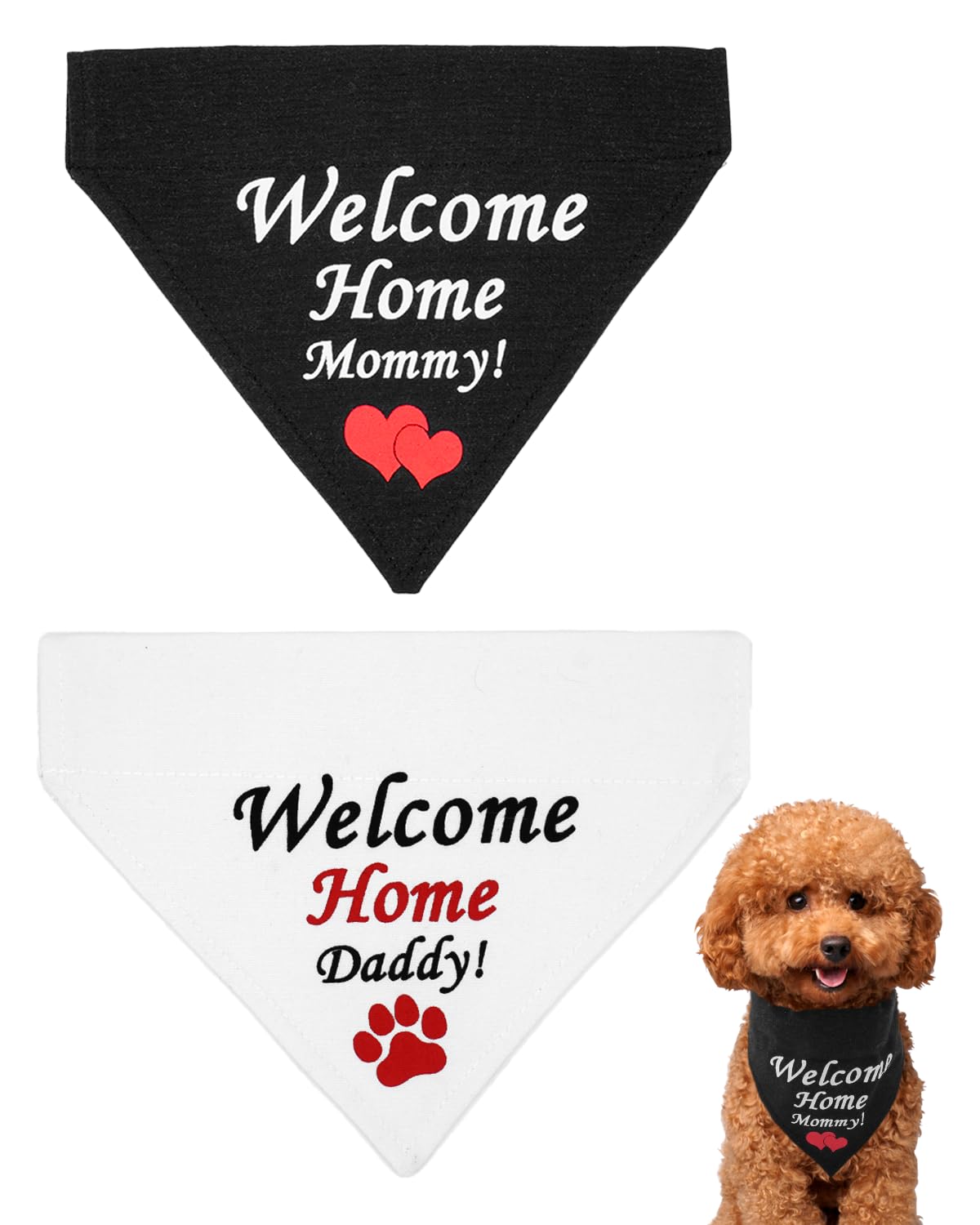 PET SHOW 2 Pack Welcome Home Daddy Mommy Dog Bandanas for Small Medium Dogs Reversible Slip on Bibs White Black Washable Scarf Slide on Collar Accessories for Boy Girl Dogs Attach to Pet Collar,M — image 1