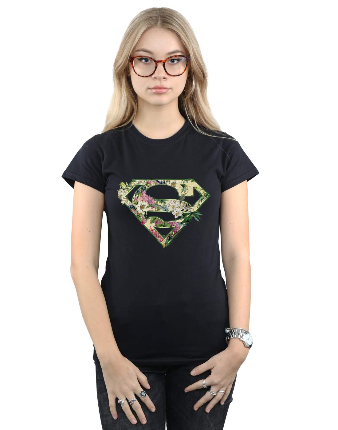 DC Comics Women's Supergirl Floral Shield T-Shirt Black Medium