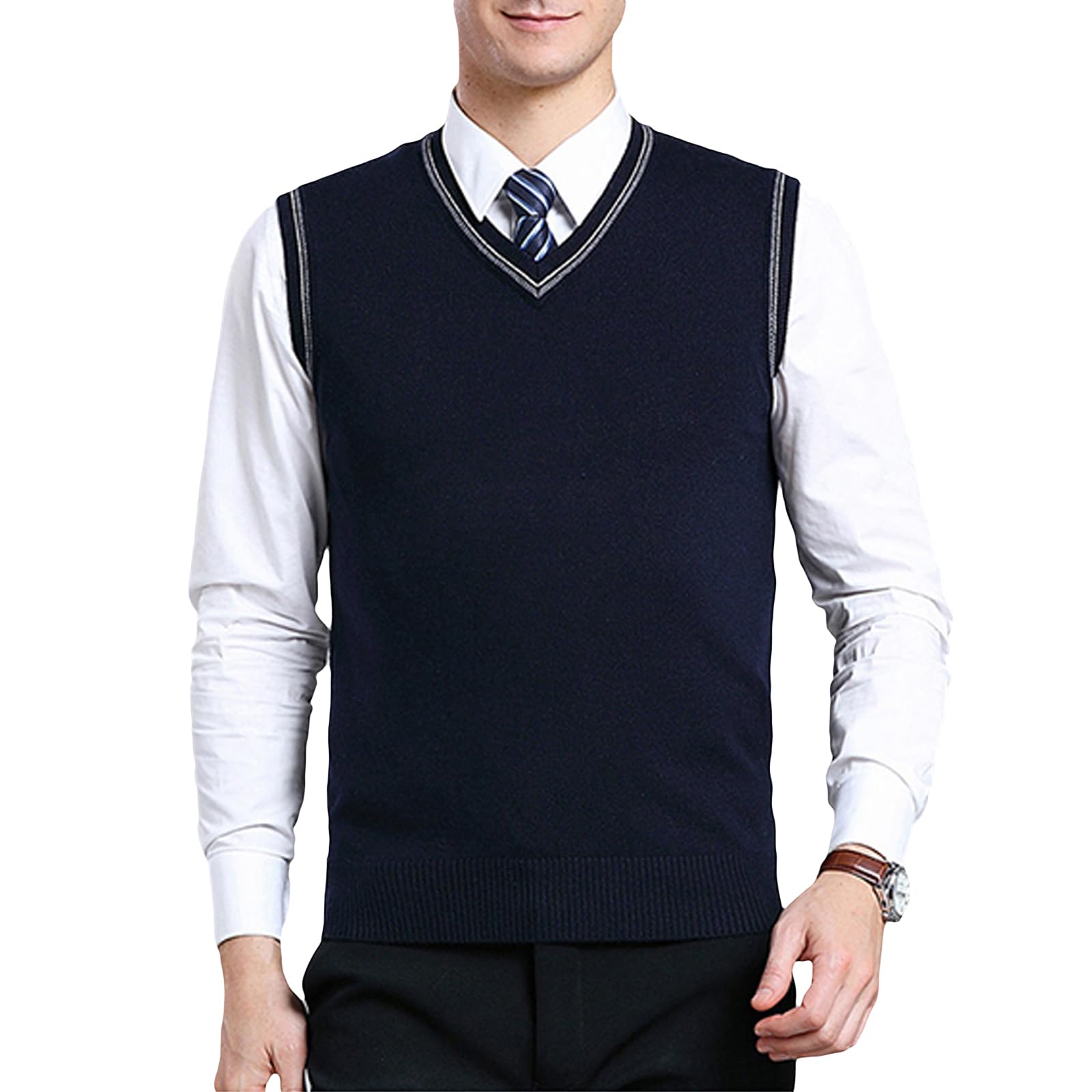 Men's Sweater Vests V-Neck Sleeveless Knitted Pullover Sweaters Relax Fit Classic Striped Vest Knitwear-image-38