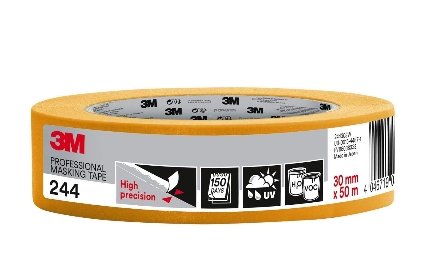 3M Pro 244 Profi Malerband - 1 Rolle 30 mm x 50 m - für scharfe Farbkanten, UV-beständig, innen und außen