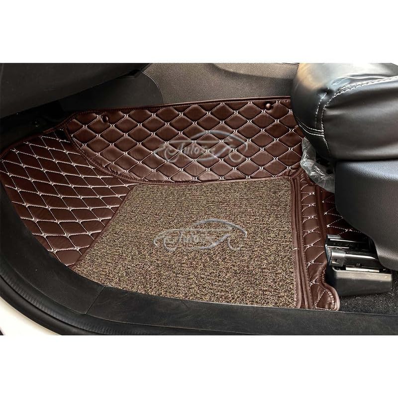 Image of Luxury 7D Car Floor Mat Full Set for Skoda Kushaq (2021) | 7 Layer Protection Mats | Luxury Leather with Noodle /Curly Car Foot Mat with Heal Pad | Anti-Skid & Waterproof (Coffee Beige)