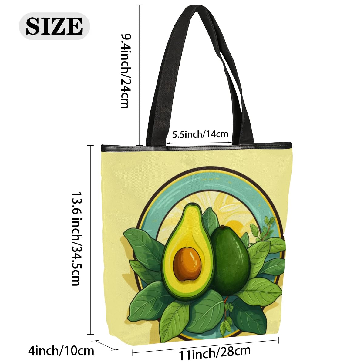 Mularoka Avocado Leaves Watercolour Canvas Tote Bag with Zipper and Pockets Canvas Tote Shopping Bag Women Reusable Grocery Bag for Beach Travel Gym Shopping