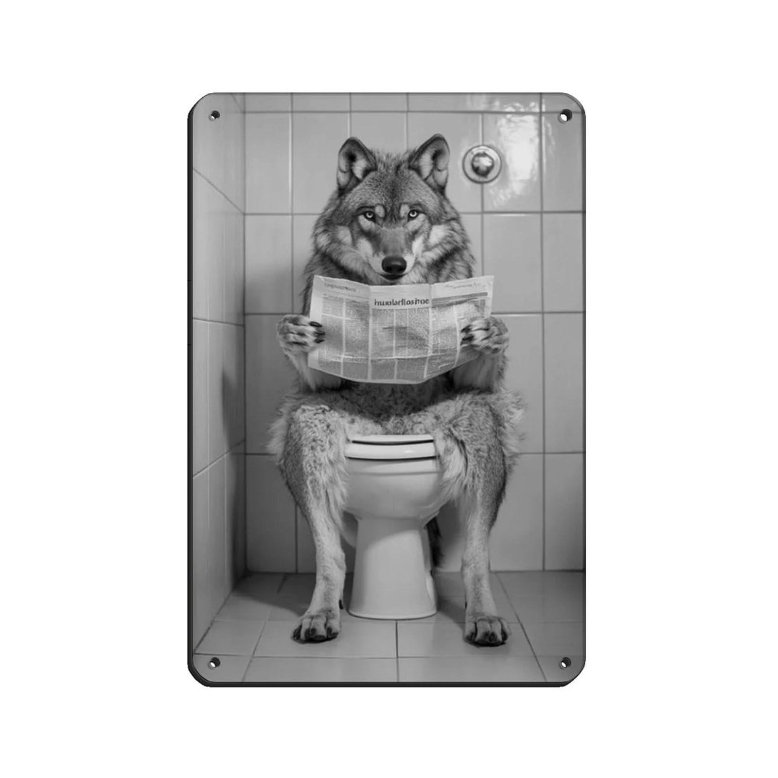 Wolf Sitting on The Toilet Reading A Newspaper Retro Poster Metal Tin Sign Chic Art Retro Iron Painting Bar People Cave Cafe Family Garage Poster Wall Decoration 8x12inch(20x30cm)