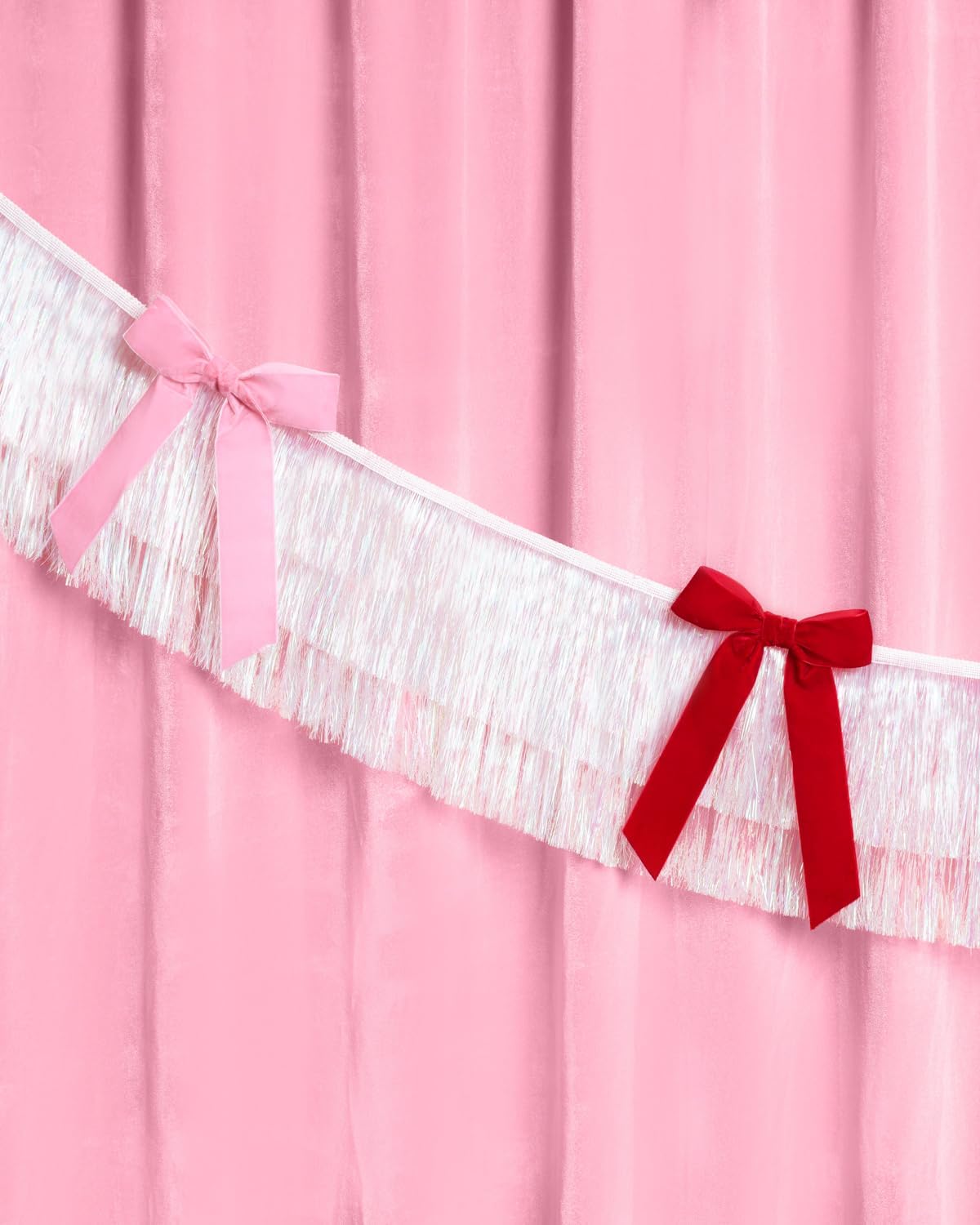 xo, Fetti Bows and Fringe Banner - White Iridescent, 6 Ft. | Red Velvet Christmas Bow Party Decoration, Pink Holiday Xmas Sign, Winter Photoshoot Backdrop