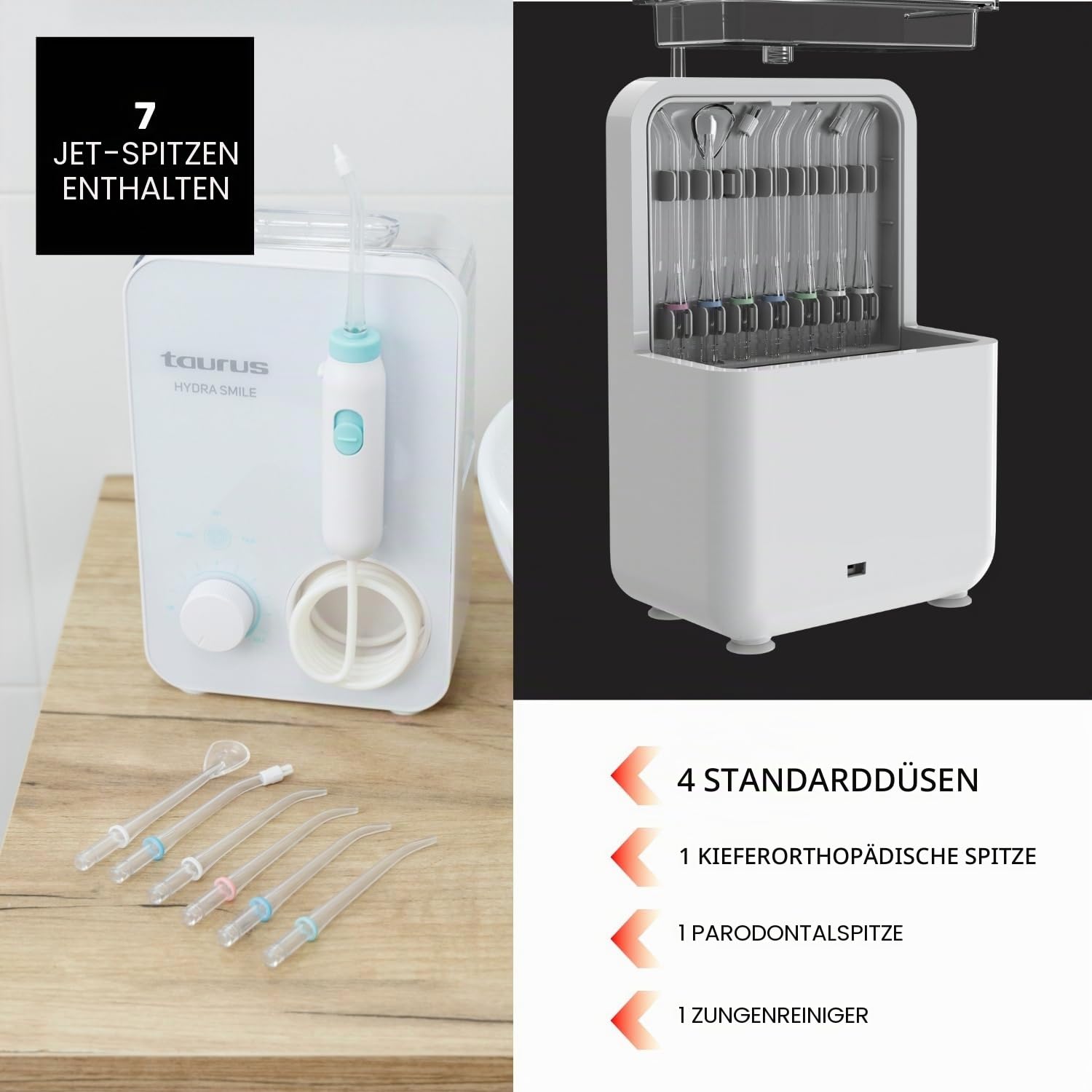 Taurus - Munddusche 20W | 600 ml Reservoir | 10 Druckstufen | 3 Modi | 7 Düsen | 1.200–1.700 Puls/Min | Touch-Bedienung | Auto-Off
