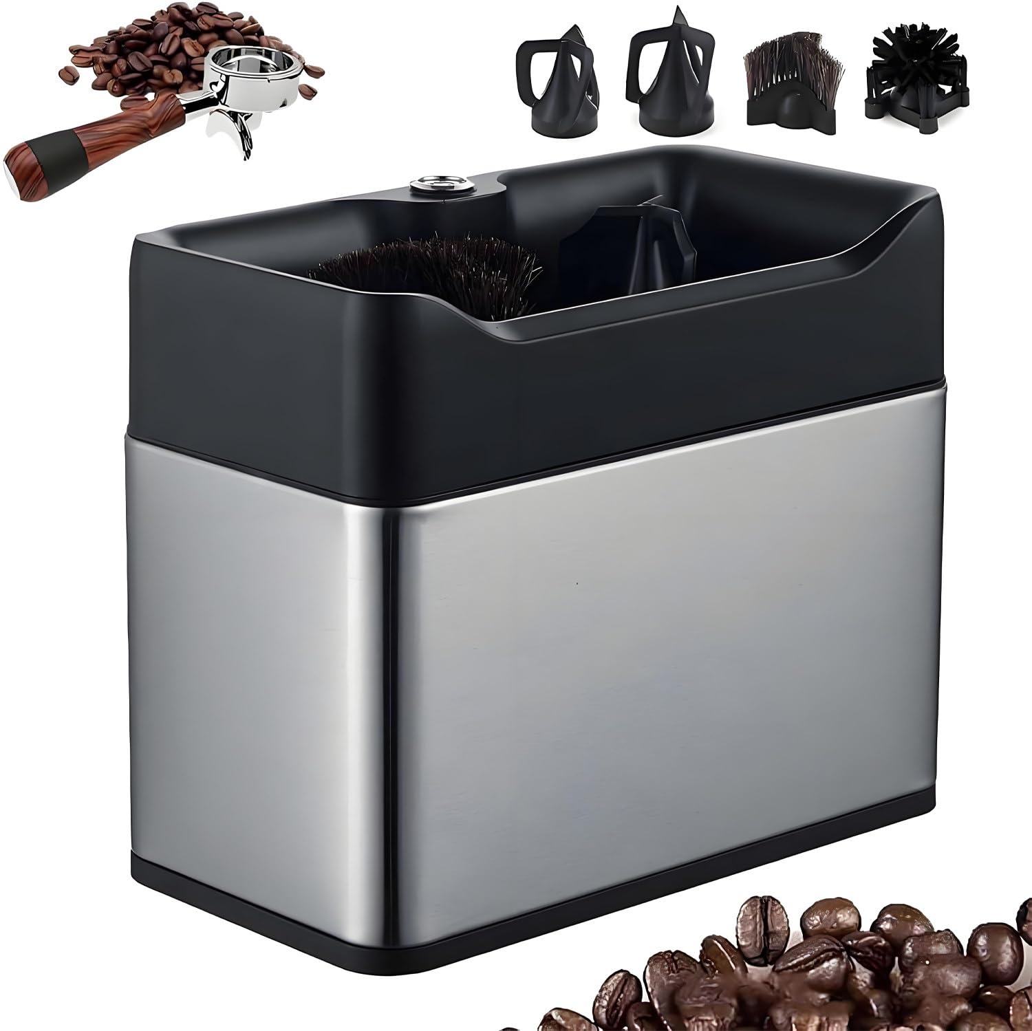 Limpiador eléctrico de café molido con cabezales de doble cepillo, rotación de 300 RPM para cafetería doméstica o comercial, fácil de usar, soporte de filtro de café