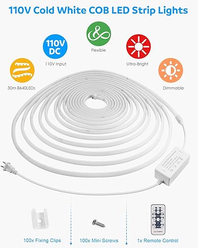 Miniatura 2 de Aclorol COB - Tira de luces LED para exteriores, impermeable, 100 pies, 1 rollo de corriente alterna de 120 V, luz LED regulable COB, luz flexible,