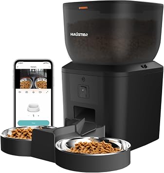 Haustier QQ025-Smart Cat Dog Automatic Food Container with Dual Camera, App Remote Control, Voice Call, 480P Camera, 4lt Hopper, Double Metal Bowl Black