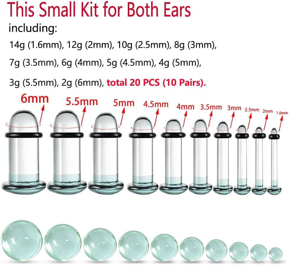 Casvort Unique 0.5mm Increments 14G-00g Comfy Pain-free Single Flare Glass Dead Stretching Plugs, Hypoallergenic Body Piercing Tapers, Pierced Ear Lobe Stretching Kits.