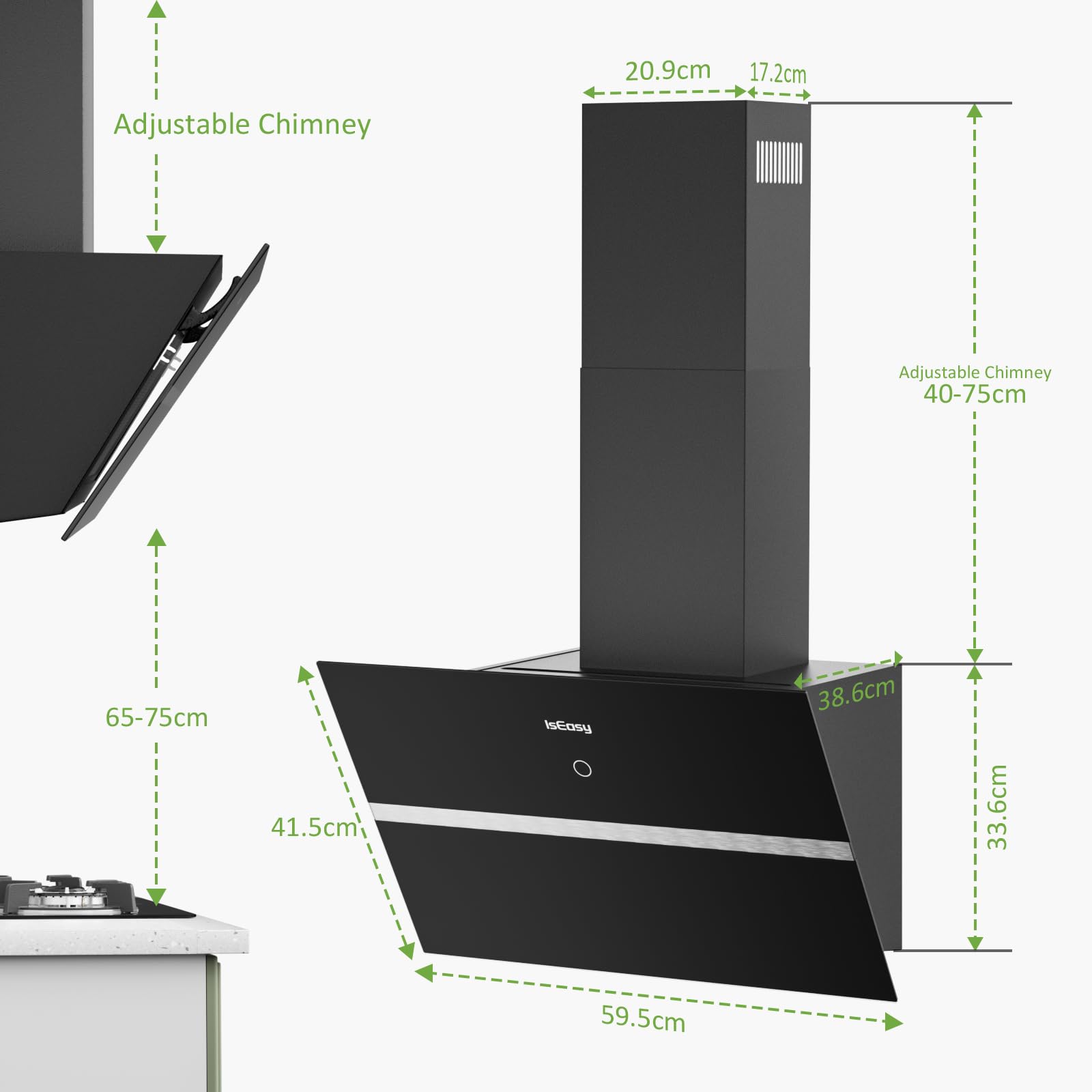 IsEasy Dunstabzugshaube 60 cm Umluft 578 m³/h 4 Stufen Abluftmodus 58dB Schwarz A++