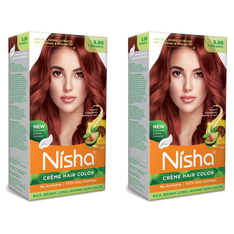 Image of Nisha Creme Hair Color, Permanent Hair Colour Mahogany, Silky & Shiny 100% Grey Coverage & Ammonia Free Color With Natural Henna Extract, 60G+60Ml