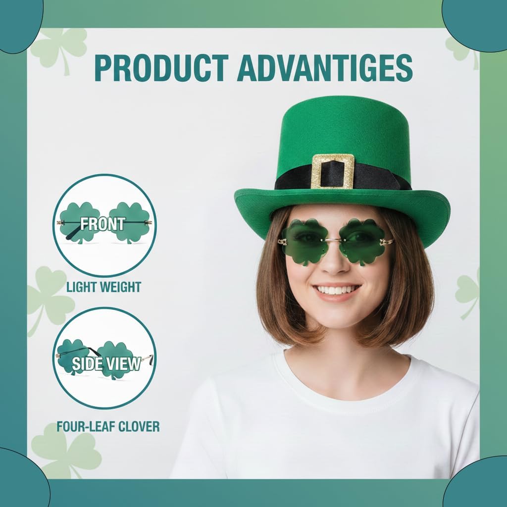 St. Patricks Day Shamrock Sunglasses for Women Men, Premium Metal Frame Irish Four Leaf Clover Glasses for Patrick’s Day Parade Party Accessories, Dark Green