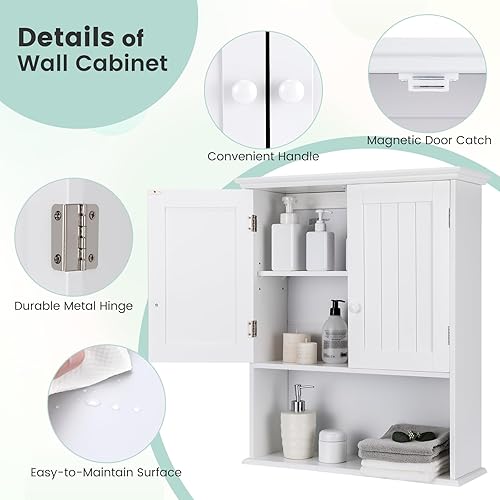 Miniatura 6 de Giantex Gabinetes de medicina, armario de baño montado en la pared con estante ajustable, 2 puertas, gabinete de almacenamiento de baño sobre el