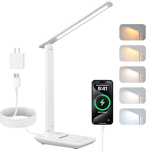 Miniatura 1 de Lámpara LED de escritorio, lámpara de mesa regulable, lámpara de mesa LED con 5 colores y 5 niveles de brillo, luz de lectura con puerto de carga
