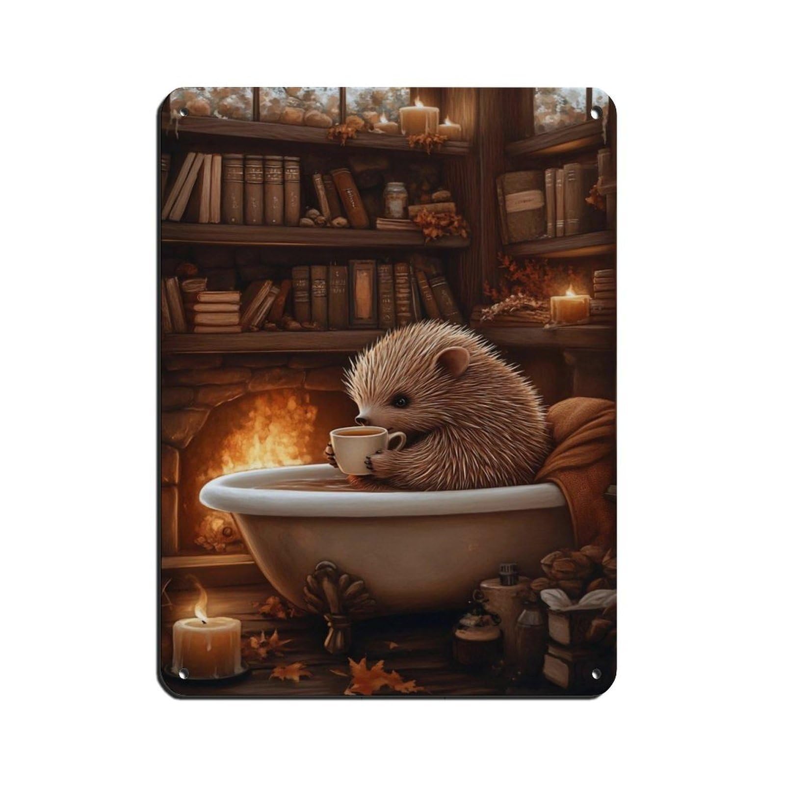 Adorable Hedgehog in Bathtub Tin Sign Vintage Metal Pub Club Cafe Bar Home Wall Art Decoration Poster Retro 12x16inch(30x40cm)