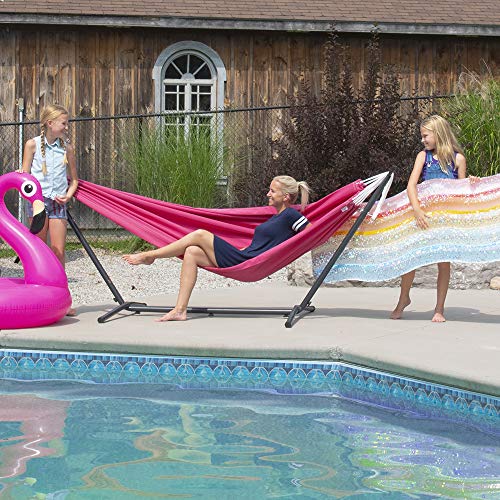 Vivere Double Polyester Hammock with Space Saving Steel Stand and Premium Carry Bag - 450 lb Capacity (Hot Pink) - Thumbnail 2