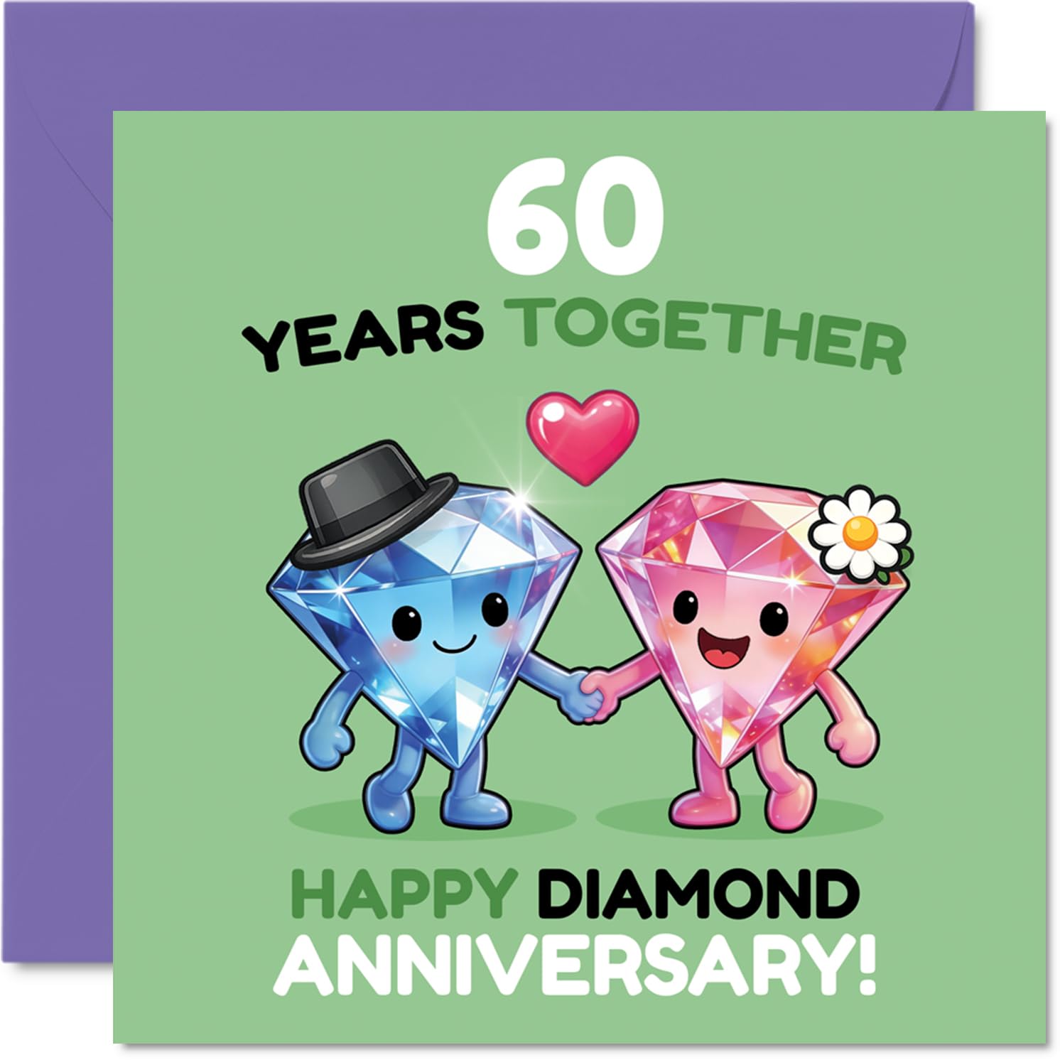 Playful 60th Anniversary Card - Sparkling Diamond Duo Celebrates Six Decades - Cute Characters and Lively Colours - 145mm Square, Envelope Included