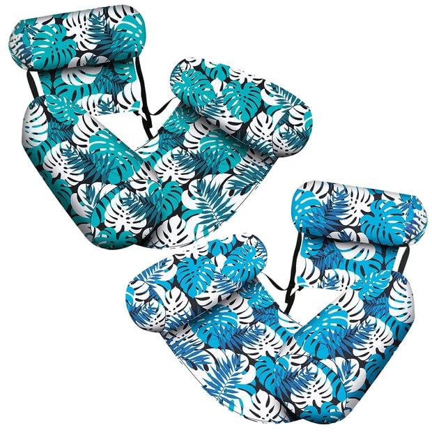 Jonuin 2 Pack Inflatable Pool Floats Adult, Durable PVC Tropical Floating Chair with Soft Fabric Cover, Ergonomic Floating Lounge Hammock for Summer Party, Pool, Beach & Lake (Green & Blue)