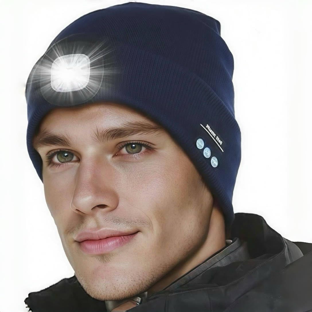 Zyntrazy Bluetooth Beanie with Light Unisex Gift for Men Women Wireless Headphones Headlamp for Fishing Jogging Working