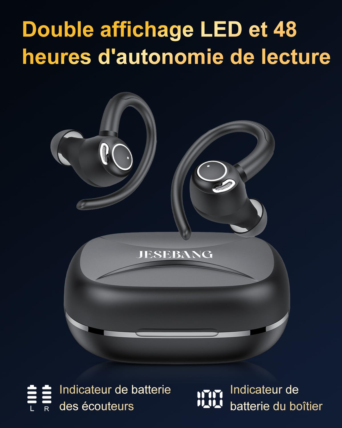 Ecouteurs Bluetooth sans Fil Sport, 2026 Headphones 5.4 HiFi Stéréo, Ecouteurs sans Fil avec ENC Mic, Ecouteur Pour Courir, IP7 Étanche Écouteur, 40H, Oreillette Sans Fil, Casque Écran LED, Noir