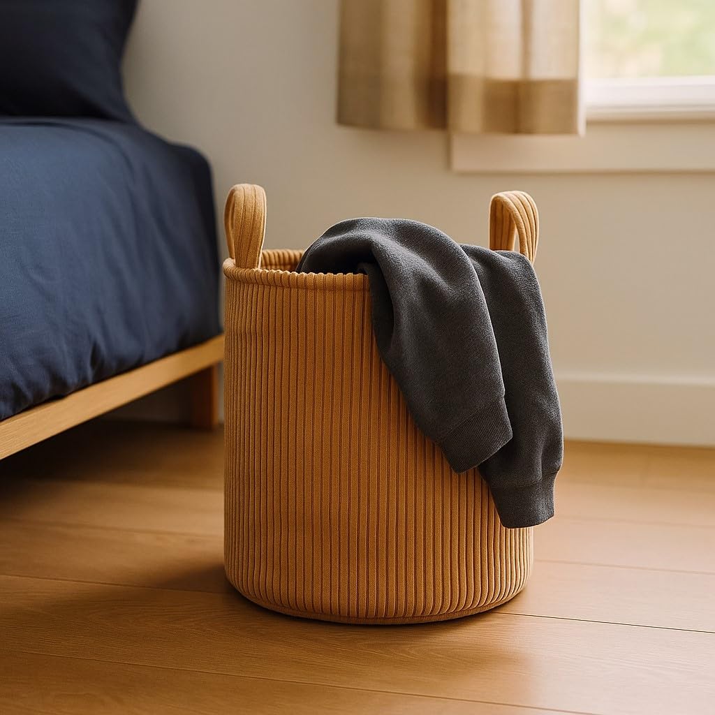 PUTSKA Blanket Basket – Round Storage for Blankets, Clothes, Stuffed Animals – Soft Baby Girl Basket for Nursery, Kids Room, Bedroom, Living Room – Regular, Brown