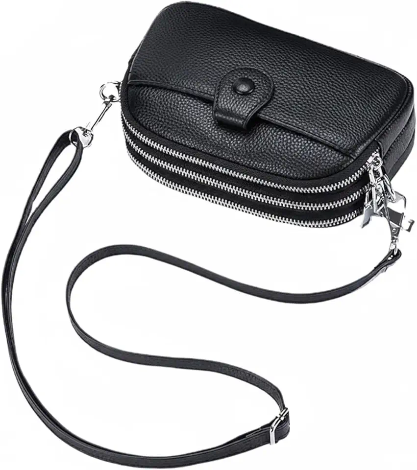 Bolsa Transversal Feminina de Couro Legítimo Tamanho Pequeno Design Simples com 3 Zíperes Porta Celular (Estilo 2)