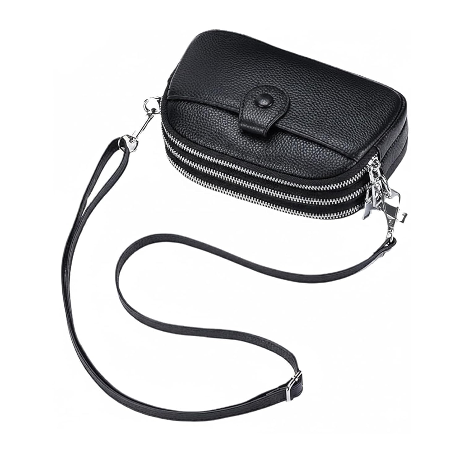 Bolsa Transversal Feminina de Couro Legítimo Tamanho Pequeno Design Simples com 3 Zíperes Porta Celular (Estilo 2)