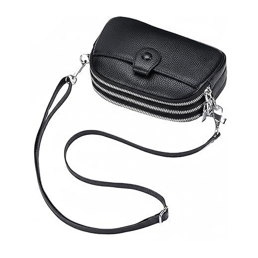 Bolsa Transversal Feminina de Couro Legítimo Tamanho Pequeno Design Simples com 3 Zíperes Porta Celular (Estilo 2)