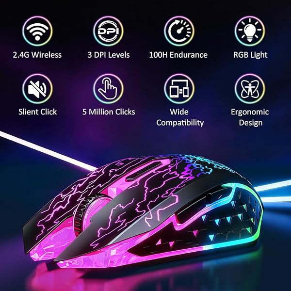 VersionTECH. Wireless Gaming Mouse Rechargeable Computer Mouse Mice Souris with Colorful LED Lights Silent Click 2.4G USB Nano Receiver 3 Level DPI for PC Gamer Laptop Desktop Chromebook Mac - 2