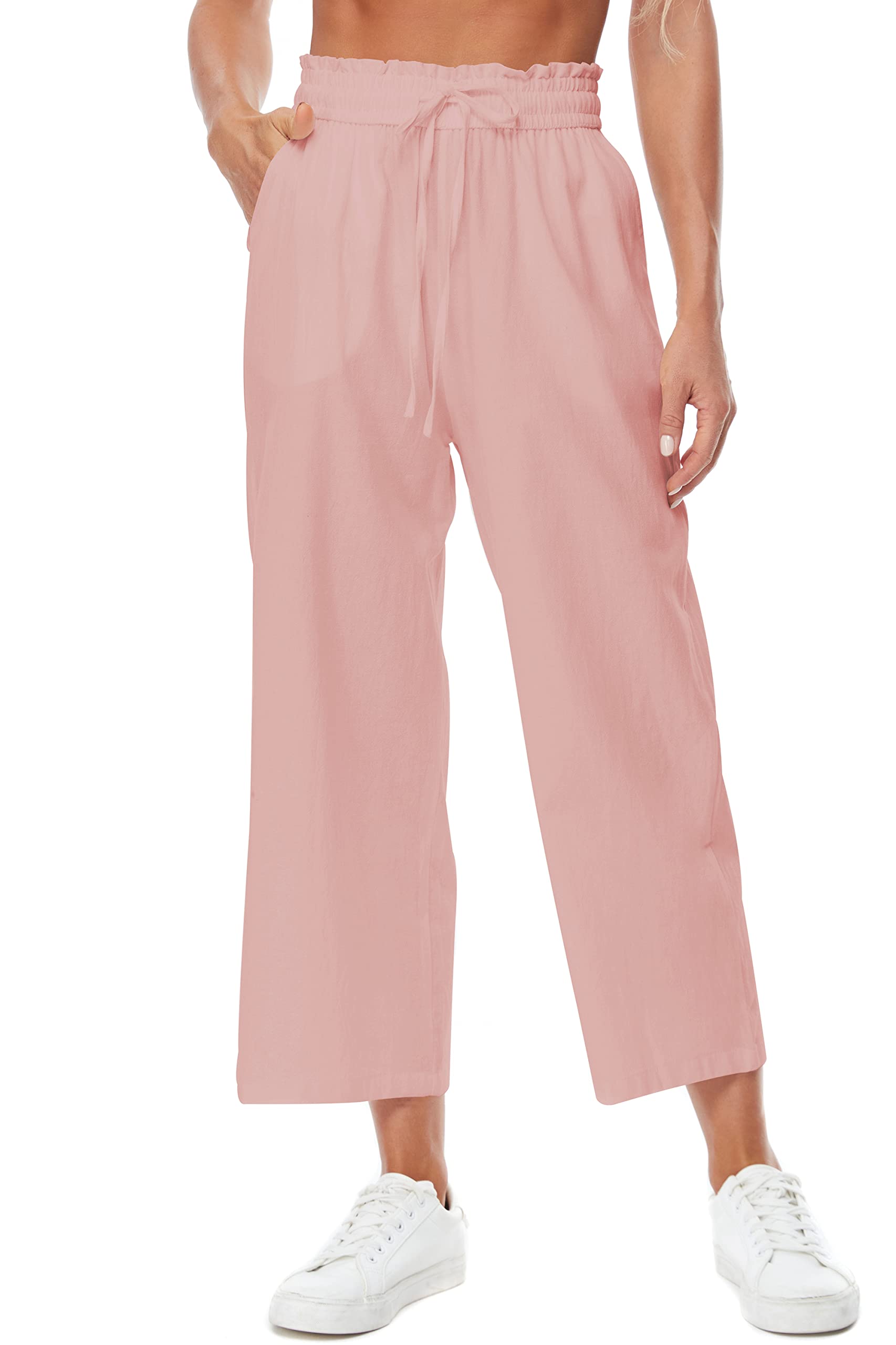BCOFUI Womens Linen Wide Leg Pants High Waisted Drawstring Baggy Loose Beach Pants with Pockets