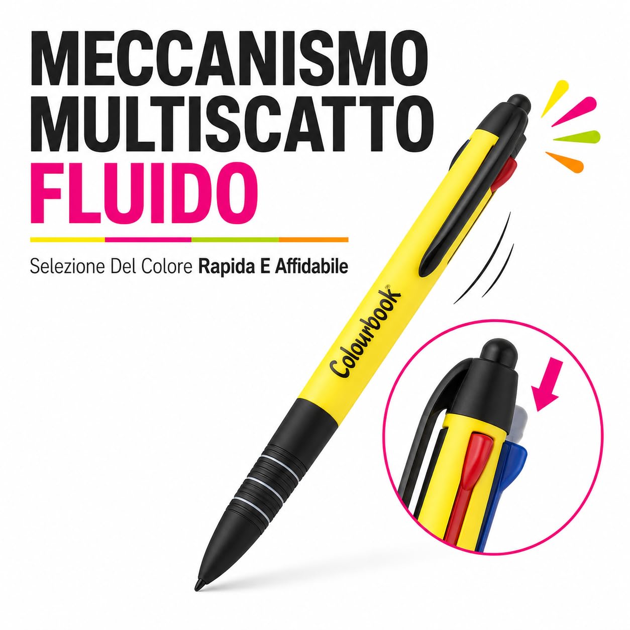 Colourbook Set 40 Penne Multiscatto 3 Colori Con Touch Screen, Penne A Sfera Punta 1 Mm Nero Blu Rosso, Fusto Fluo Assortito, Grip Antiscivolo, Penne Ufficio Scuola