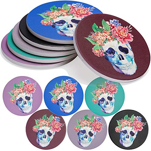 ENKORE Drink Coasters Set of 6 Sugar Skull Designs Absorbent Ceramics - 4.3 inch X Large with Cork Back Pad, Furniture Protection for Any table type, Wood, granite, Glass, Marble tabletop - NO holder