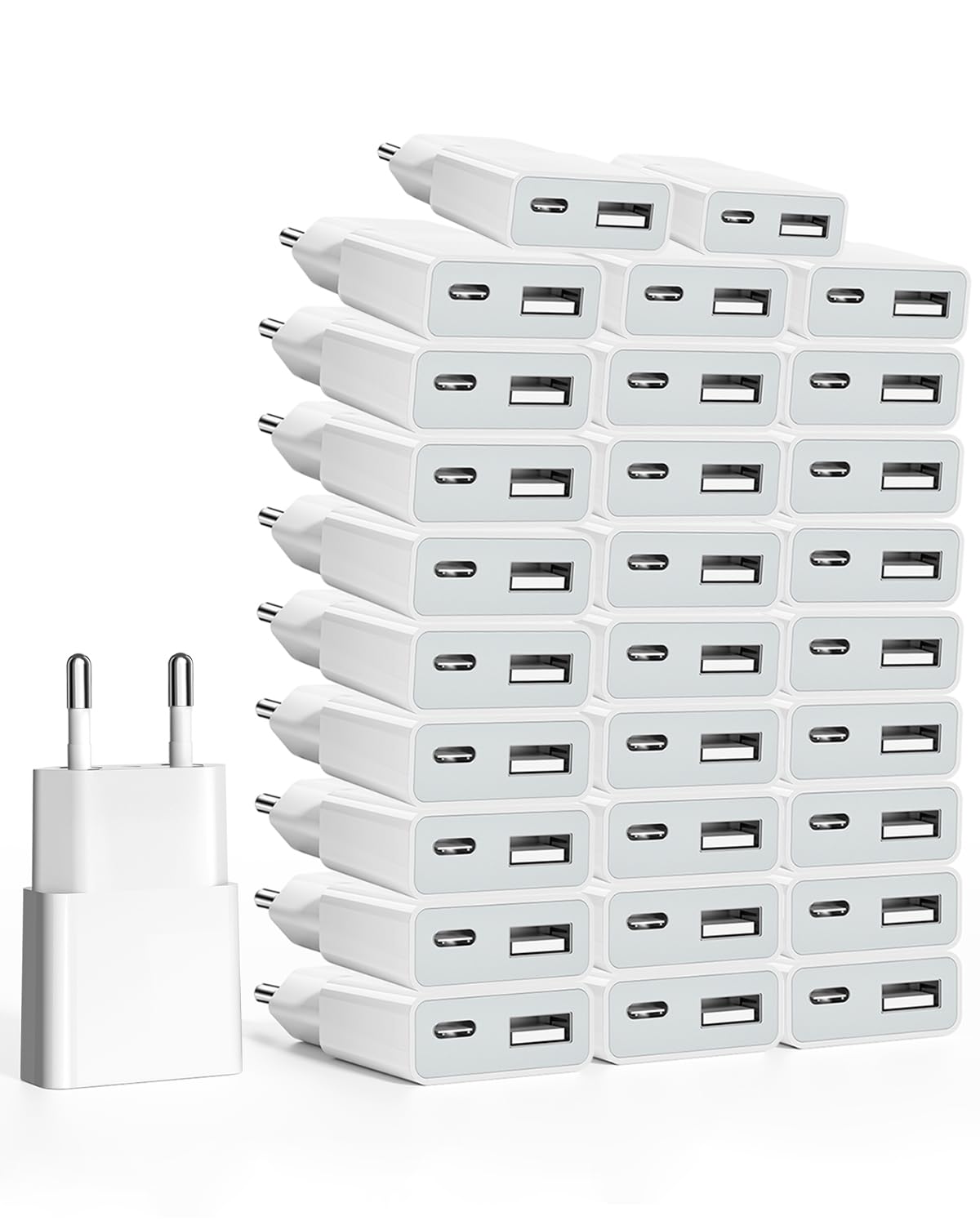 SCHITEC Chargeur USB 5V/1A 2Port Mini USB Mural Chargeur Secteur USB Adaptateur de Prise Universel Compatible avec iPhone, Sam Sung, Nexus, Nokia, Huawei, Xiaomi, HTC, Sony (Thickness 1.45cm/30 Pack)