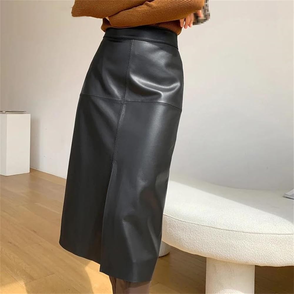 Spring Genuine Leather Skirt for Women Wrap Mid Length Front