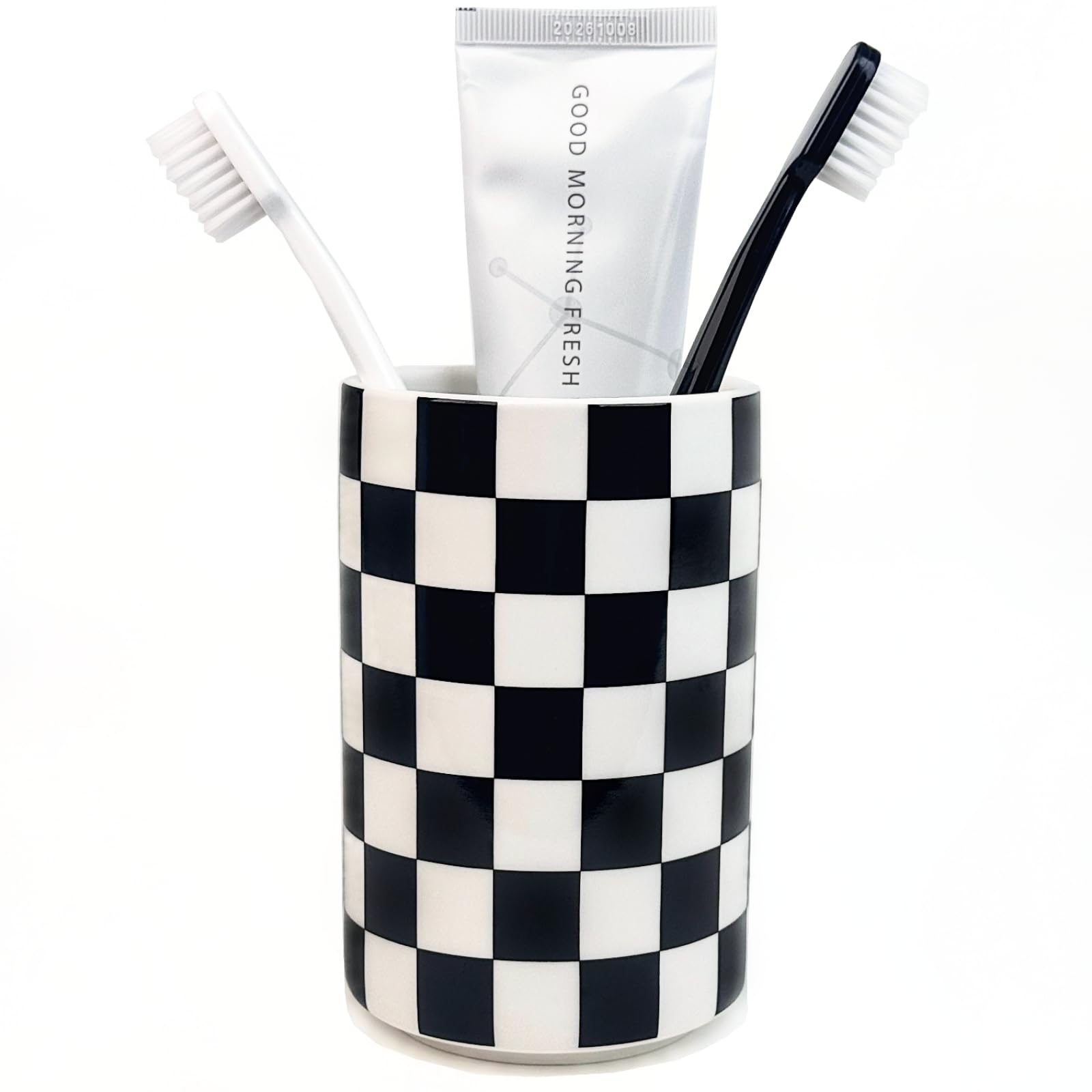 Tooth brush Holder for Bathroom, Black and White Ceramic Toothbrush Holders for Bathrooms, Modern Cute Toothbrushes and Toothpaste Caddy for Bath Countertop Storage Organizer, Checkered Bathroom Decor