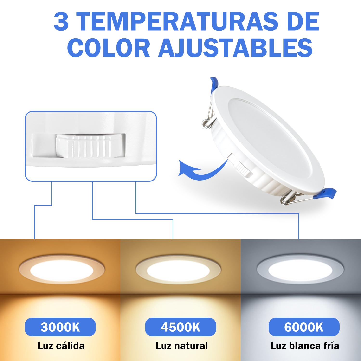 12 Pack Downlight LED 7W 700LM, Luz Empotrable Regulable 3 Temperaturas, Con Clip Azul, Para Interior Techos (Blanco)
