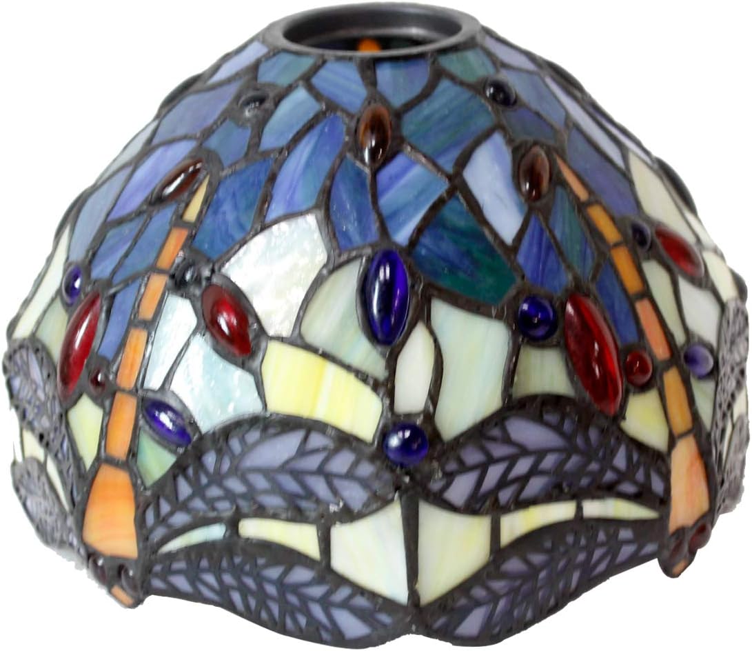 WERFACTORY Tiffany Lamp Stained Glass Table Lamp Blue Yellow Dragonfly Style Desk Light Metal Leaf Base 8X10X21 Inches Decor Small Space Bedroom Home Office S128 Series