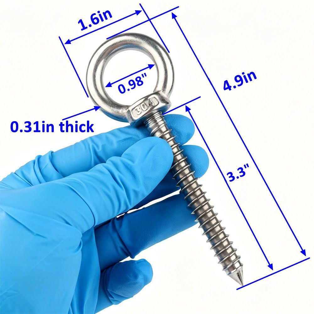 4Pack 5 Inch Length Heavy Duty Screw Eyes Hooks M10 Stainless Steel Eye Bolts 3/8" for Hammock Stand, Swing Chair, Yoga Use