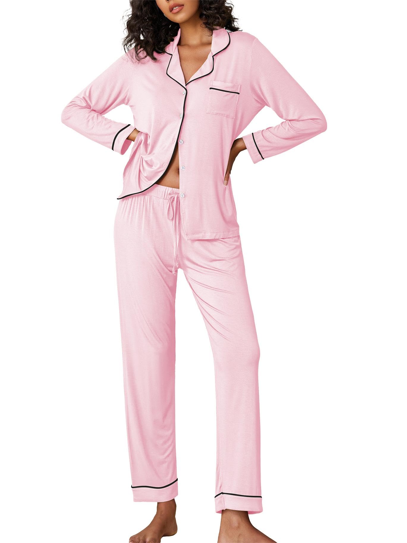 Ekouaer Pigiama Donna Maniche Lunghe Set Pigiama a Due Pezzi con Bottoni Abbigliamento da Notte Morbido Sleepwear Top e Pantaloni Pigiama XS-XXL