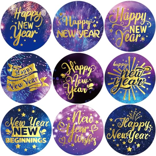 Ceiba Tree Happy New Year Stickers Round Gold Foil New Year Labels for Cards Envelopes Bags