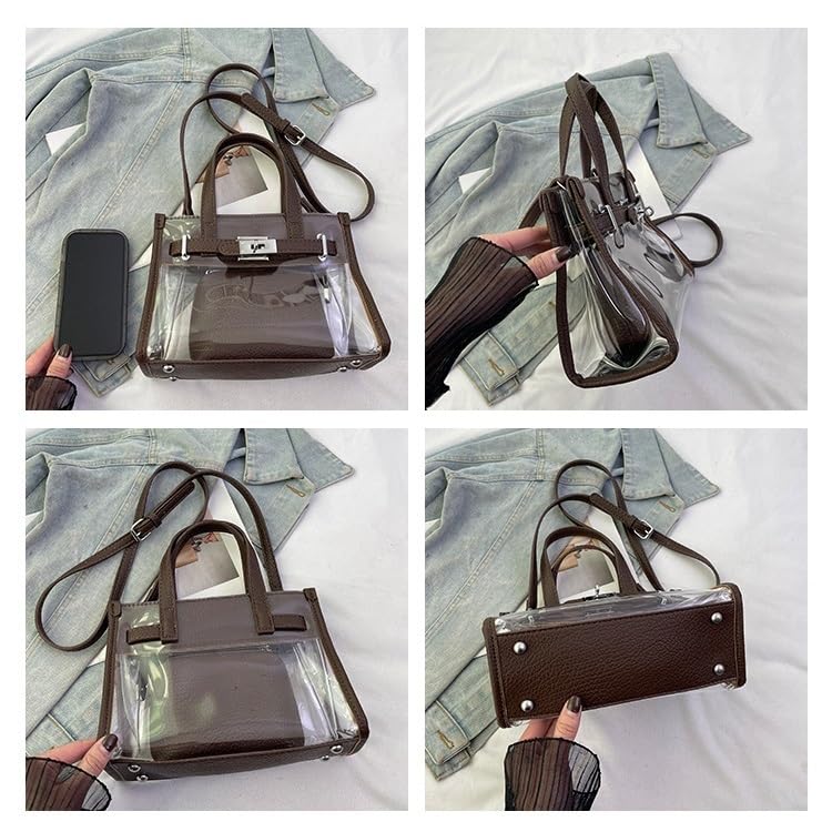 Tote Bag for Women PVC Clear Plastic Handbags PU Leather Shoulder Crossbody Bags Jelly Bags Purses(Coffee) 6