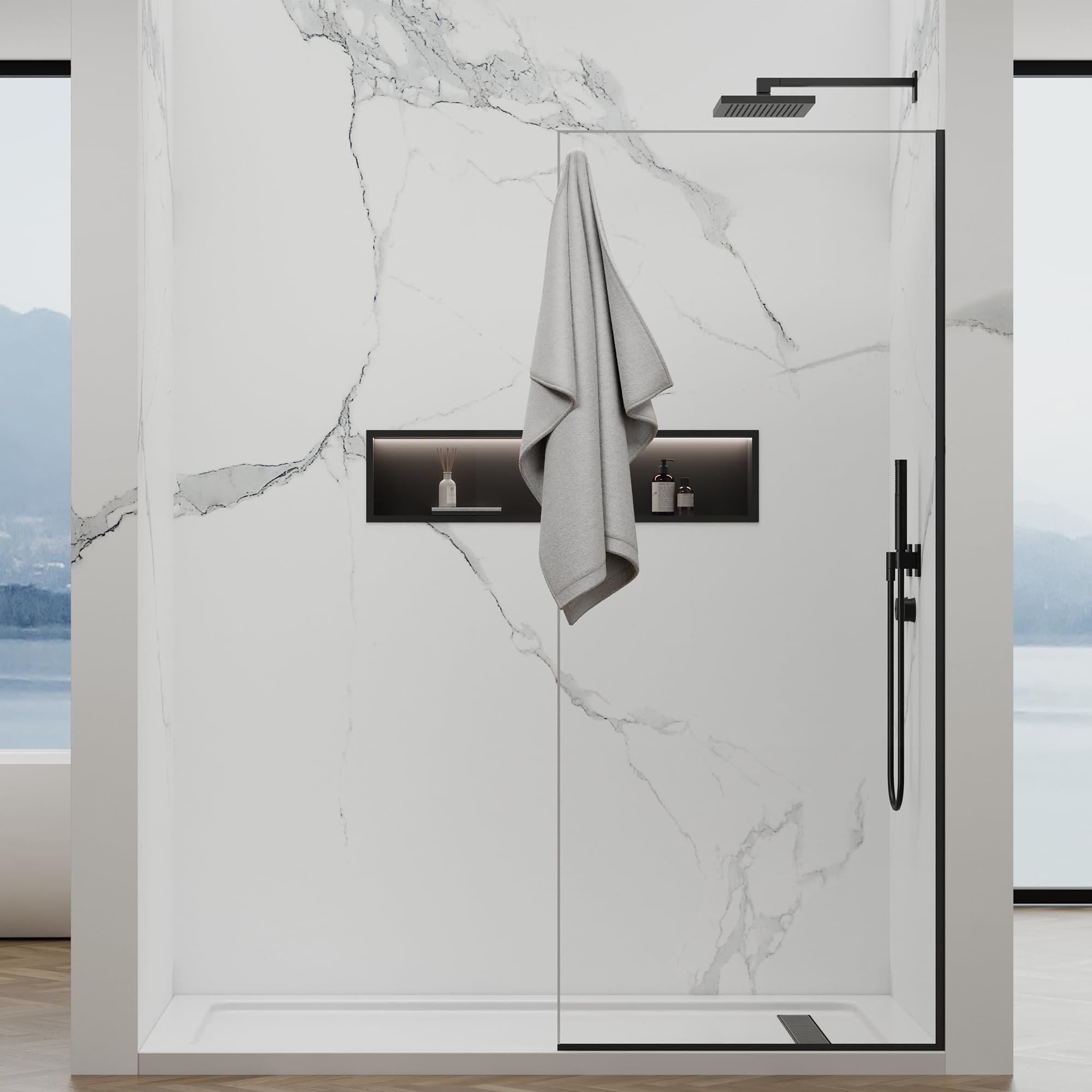 32"x76" Fixed Shower Door,3/8" Safety Glass Shower Panel,Matte Black
