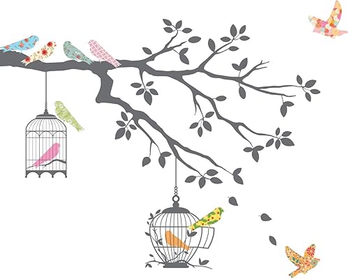 DECOWALL DW-1510 Calcomanías de pared para niños, diseño de pájaros en rama de árbol con jaulas de pájaros, calcomanías de pared extraíbles para
