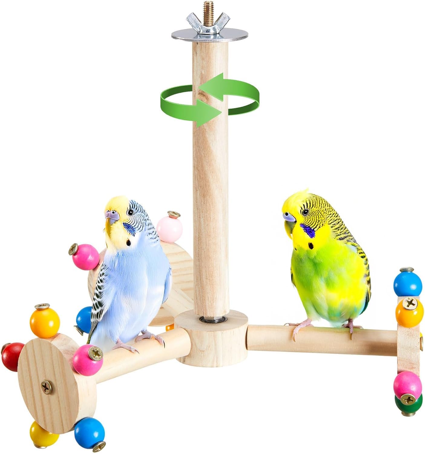 Muiltvoe Bird Stand Perch Toy, Interactive Spinning Parakeet Toys, Wooden Exercise Wheel Parrot Toy, Enrichment Cockatiel Toy for Birds Cage, Bird Cage Accessories Perch Toys for Budgies (S)